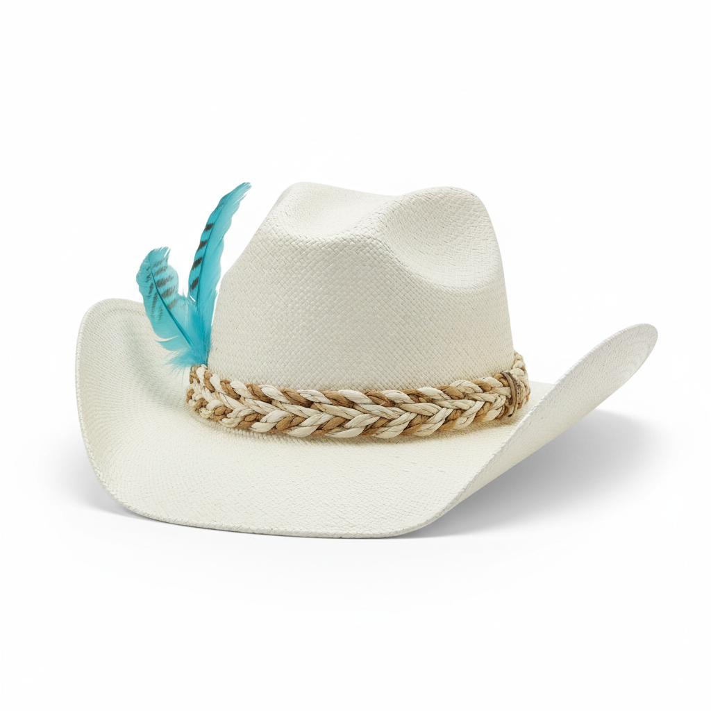 White Straw Cowboy Hat with Turquoise Feather