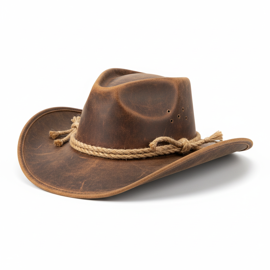 Vintage Distressed Brown Leather Cowboy Hat